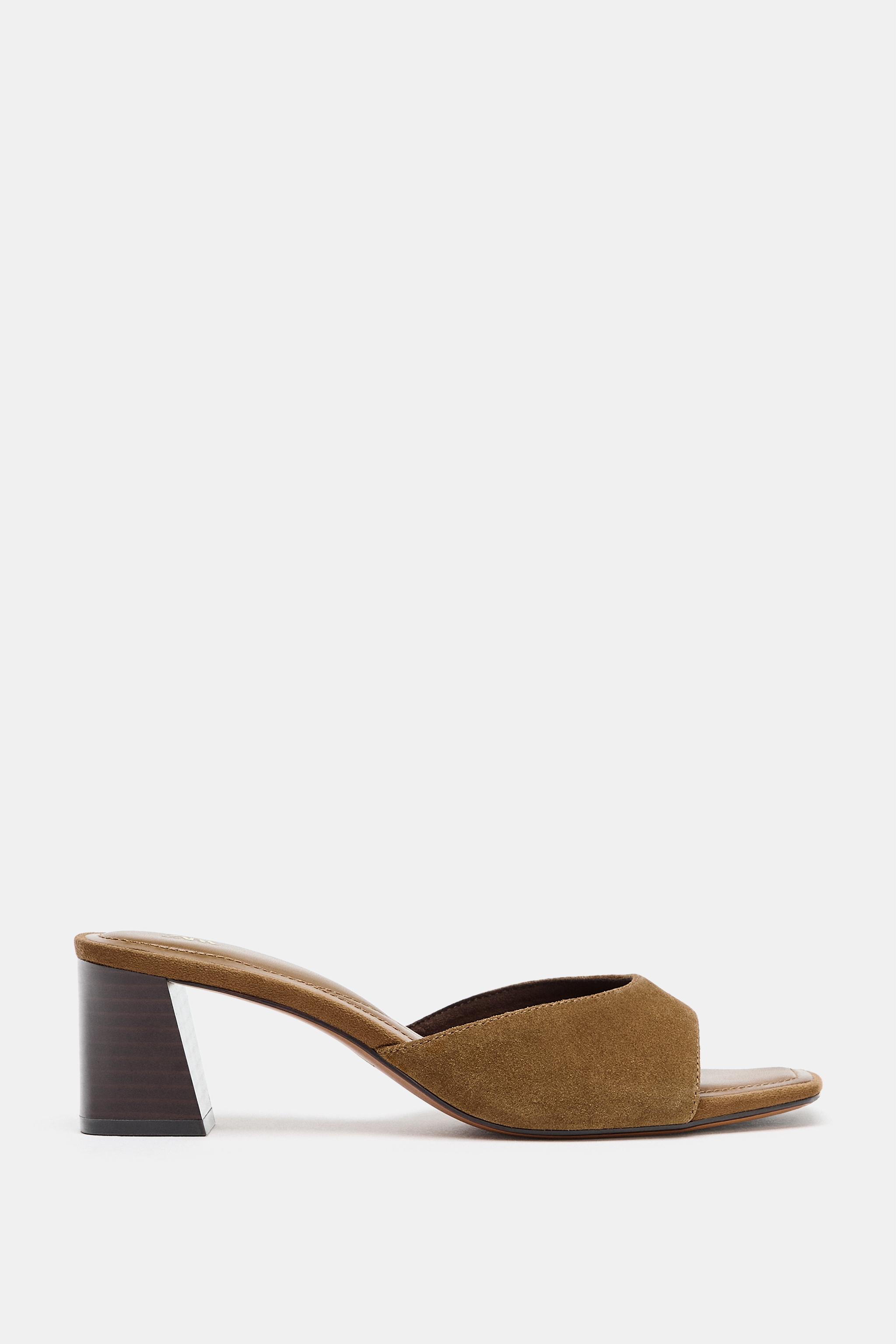 WIDE HEEL SPLIT LEATHER MULE SANDALS